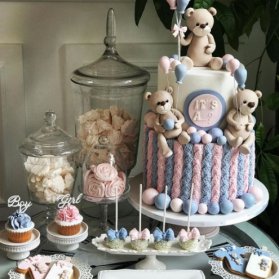 کیک، کاپ کیک، پاپ کیک و کوکی جشن بیبی شاور یا تعیین جنسیت با تم خرس تدی