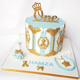 مینی کیک جشن تولد یکسالگی پسرونه با تم پادشاه آبی طلایی