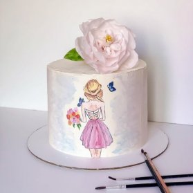 کیک نقاشی شده جشن تولد دخترونه با تزیین گل شکری
