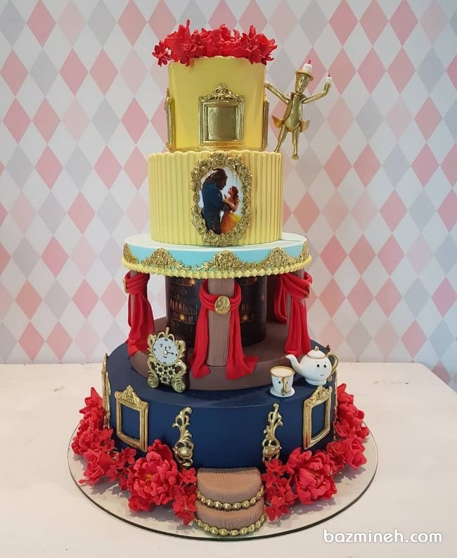 کیک چند طبقه خاص فوندانت جشن تولد دخترونه با تم دیو و دلبر