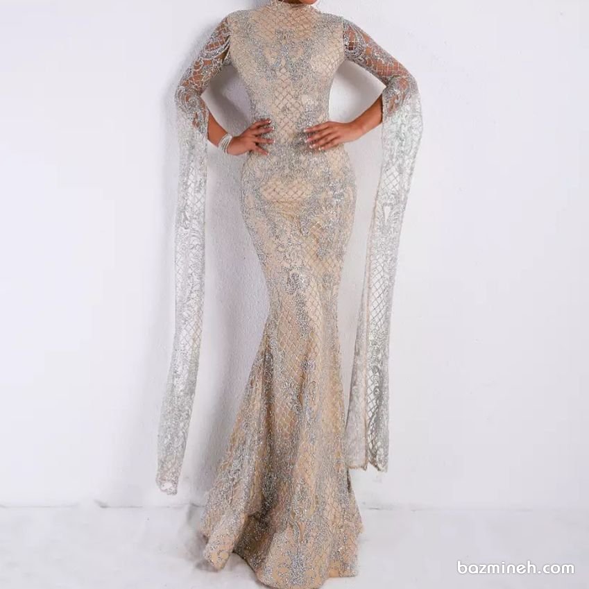 پیراهن عقد شیک ماکسی آستین دار با دامن مدل ماهی زیبا برای عروس خانم‌های خوش اندام