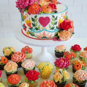 کیک و کاپ کیک‌های خامه‌ای رنگی  گلدار جشن تولد بزرگسال