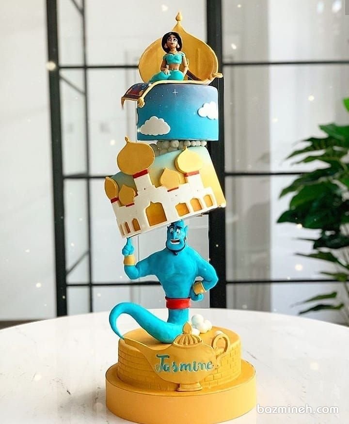 کیک چند طبقه فوندانت جشن تولد کودک با تم انیمیشن علاءالدین (Aladdin)