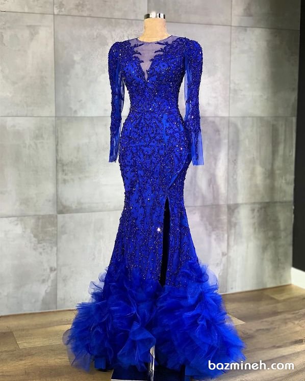 لباس شب ماکسی پوشیده آستین دار با پارچه توری سنگدوزی شده آبی کاربنی مدلی زیبا برای مراسم مختلط