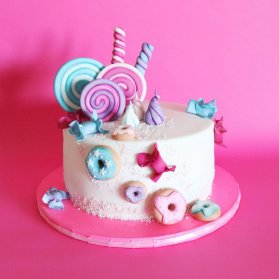 مینی کیک ساده جشن تولد کودک با تم آبنبات چوبی و دونات.
تزئین کیک های تولد با آبنبات چوبی ها، لالیپاپ، ماکارون و دونات های فانتزی یکی از ایده های جذاب برای کیک تولد کودک و بزرگسال است و هم چنین می تواند تزئین جذابی برای کندی بار تولد نیز باشد.