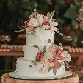 کیک ساده سه طبقه عروسی با گلهای طبیعی 